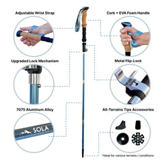 Close-up cork grip on Yocaher SOLA poles for sweat-wicking comfort