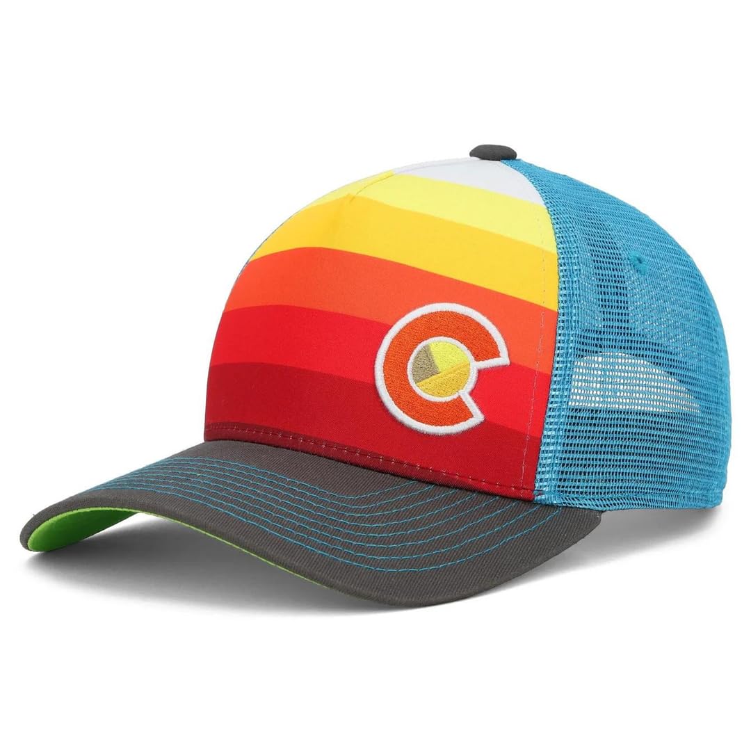YoColorado Colorado Trucker Hat front view with sunset hues and sun-smart shading.