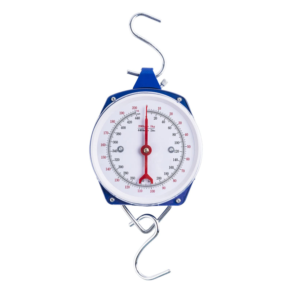 Yogayet blue mechanical hanging scale displaying 440 lb / 200 kg