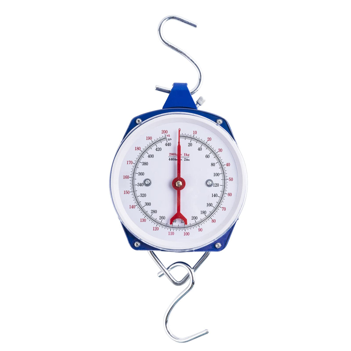 Yogayet blue mechanical hanging scale displaying 440 lb / 200 kg