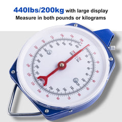 Close-up of the blue dial scale with 440 lb / 200 kg labels