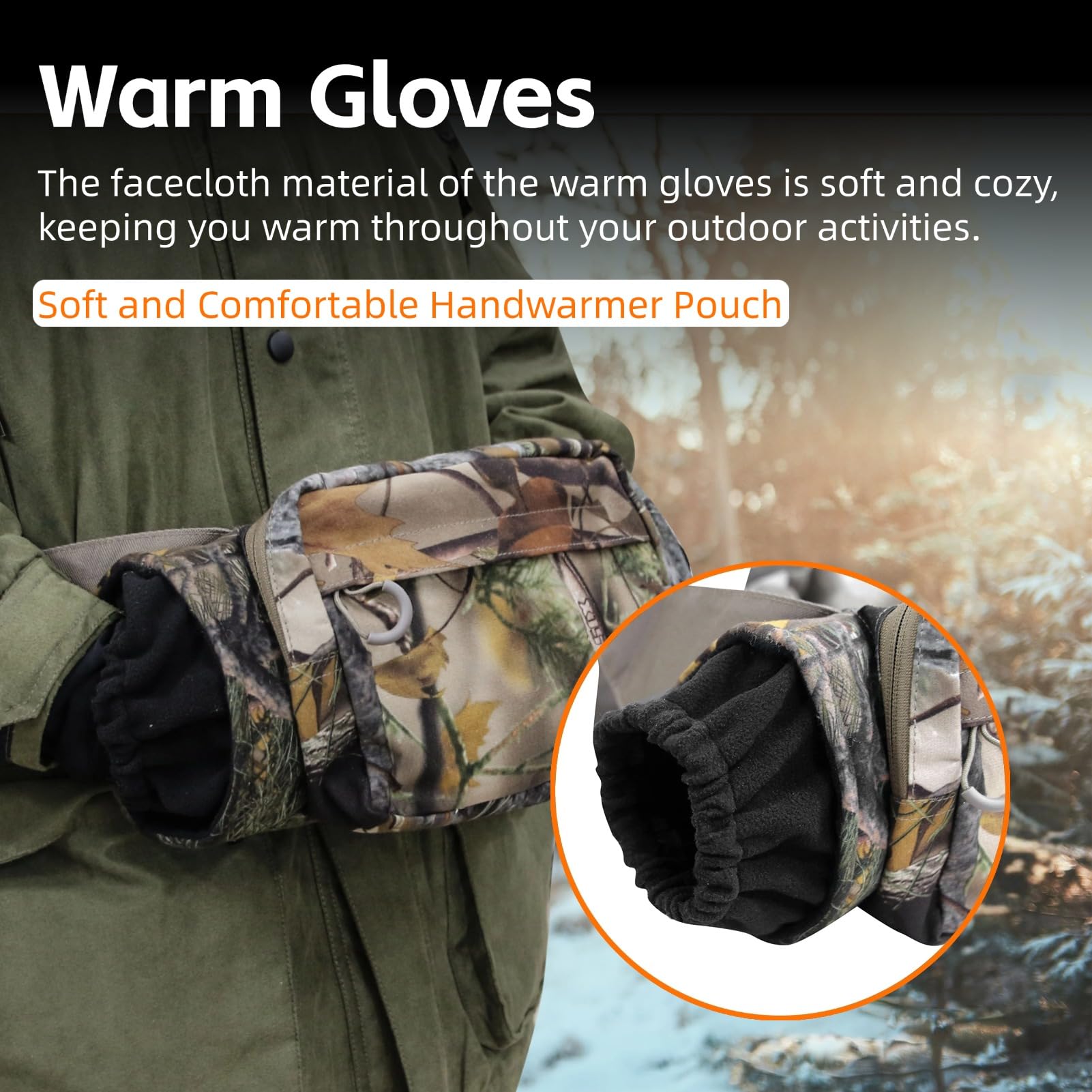 Yoidesu handwarmer pouch camo rear view emphasizing concealment for hunting.