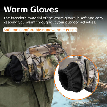 Yoidesu handwarmer pouch camo rear view emphasizing concealment for hunting.