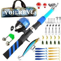 Yoilreyl kids fishing rod and reel with push-button cast for easy beginner fishing.