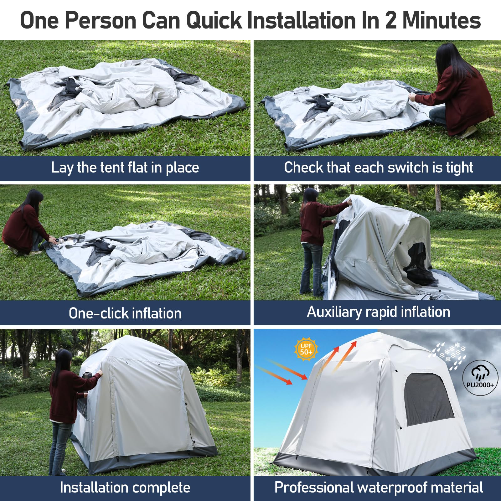 Yoking automatic inflatable tent built-in pump emphasizes effortless inflation for quick camps.
