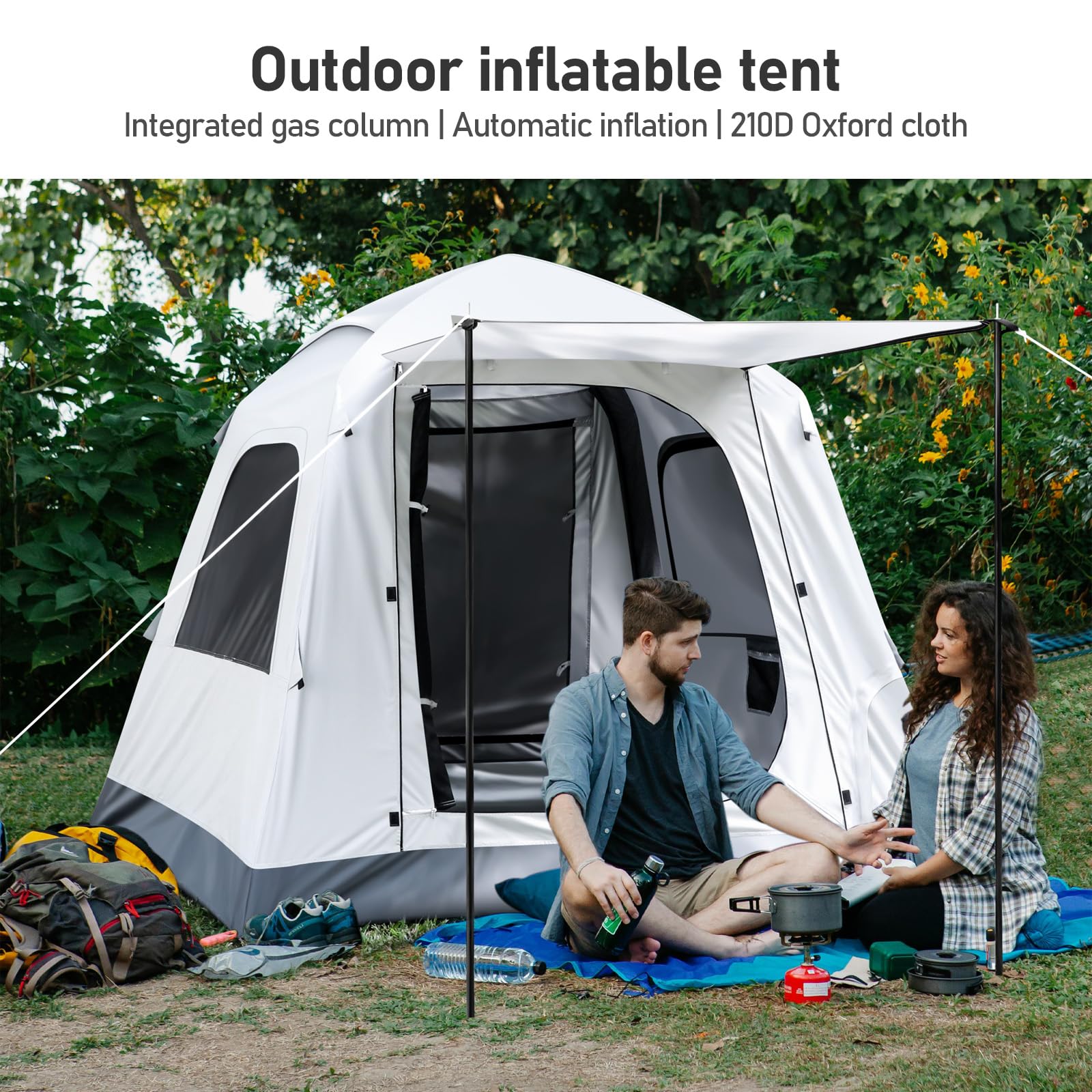 Yoking automatic inflatable tent front assembly showcase quick-pitch while camping.