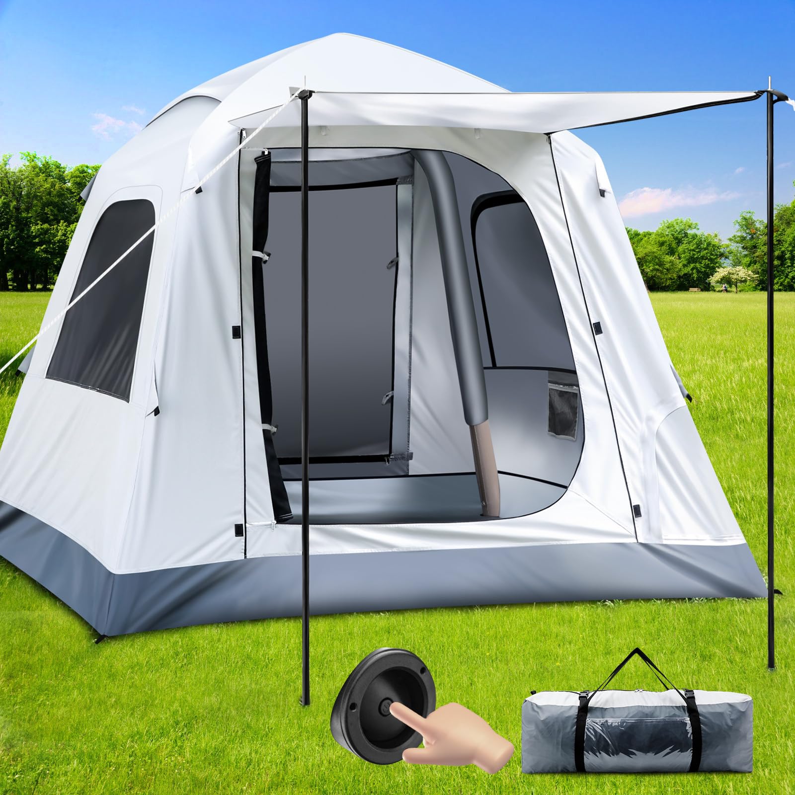 Yoking automatic inflatable tent packaged view emphasizes travel-ready setup ease.