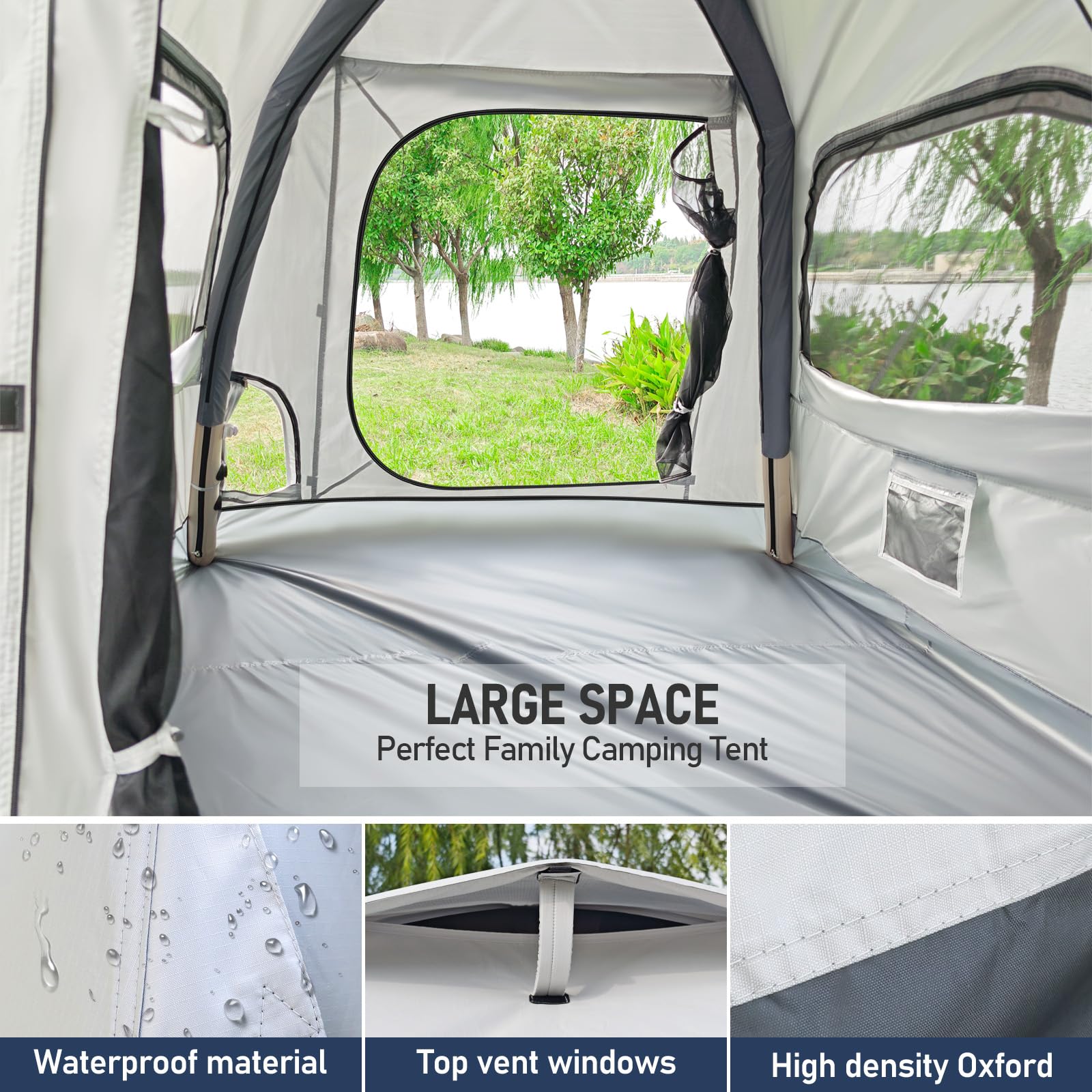 Yoking automatic inflatable tent ventilation mesh promotes breezy comfort during all-weather use.