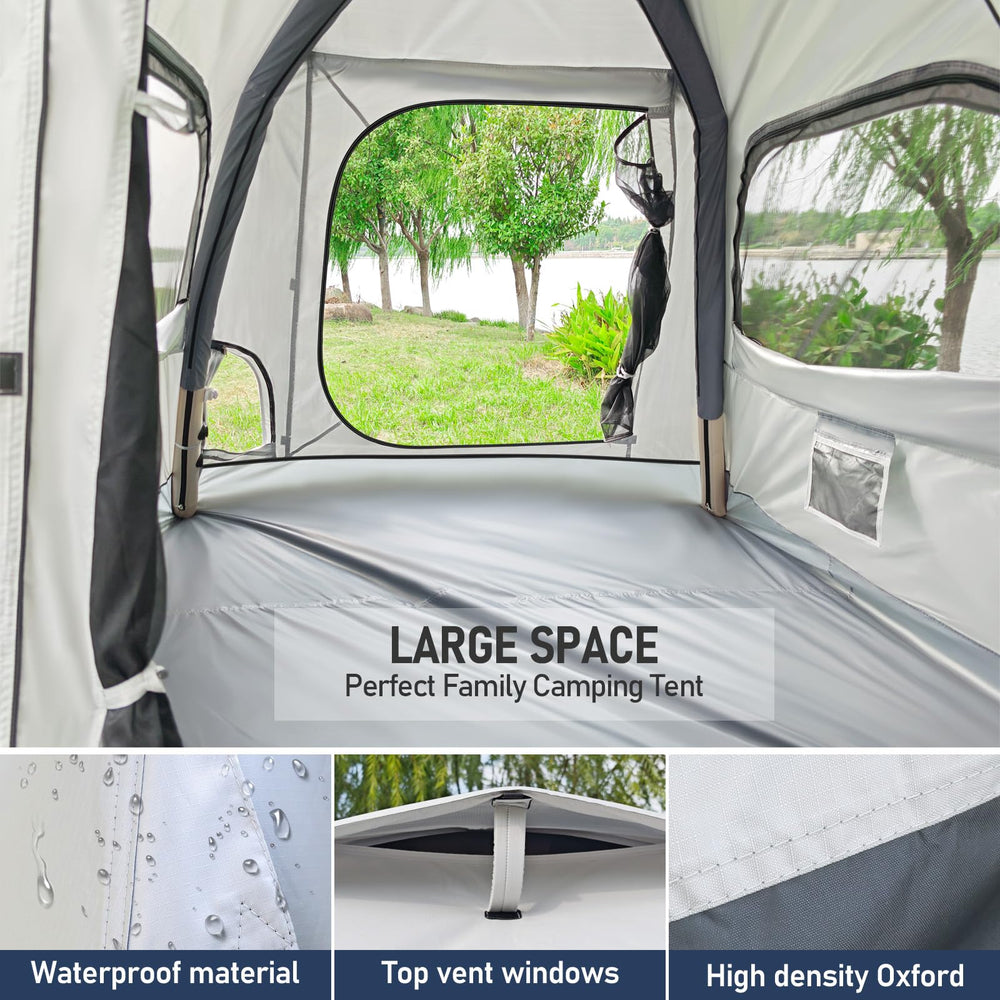 Yoking automatic inflatable tent ventilation mesh promotes breezy comfort during all-weather use.