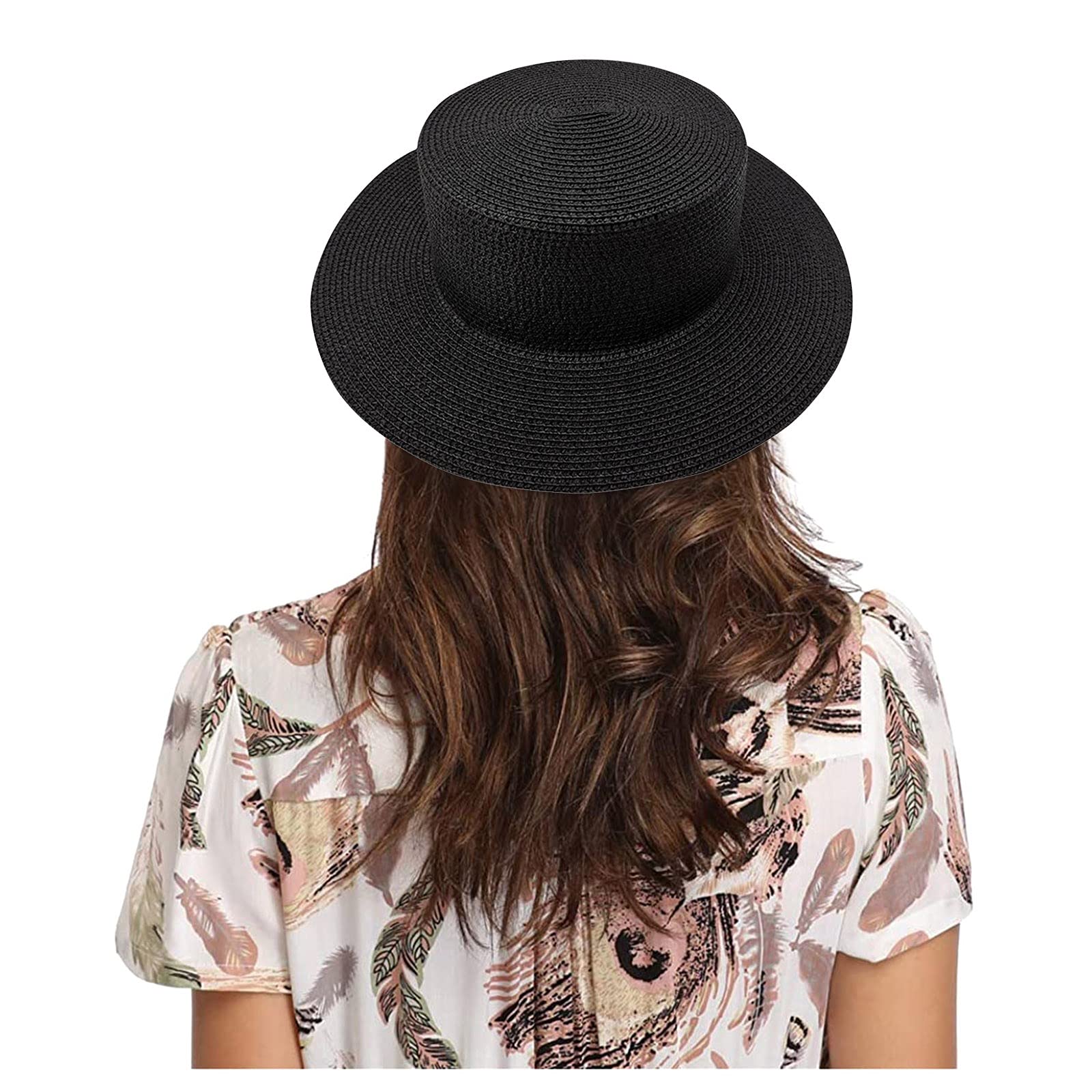 YOLAI Black Straw Panama Flat Top Hat, close-up of woven texture.