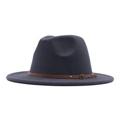 YOLAI wide brim fedora hat in dark gray, side view highlighting unisex fit.