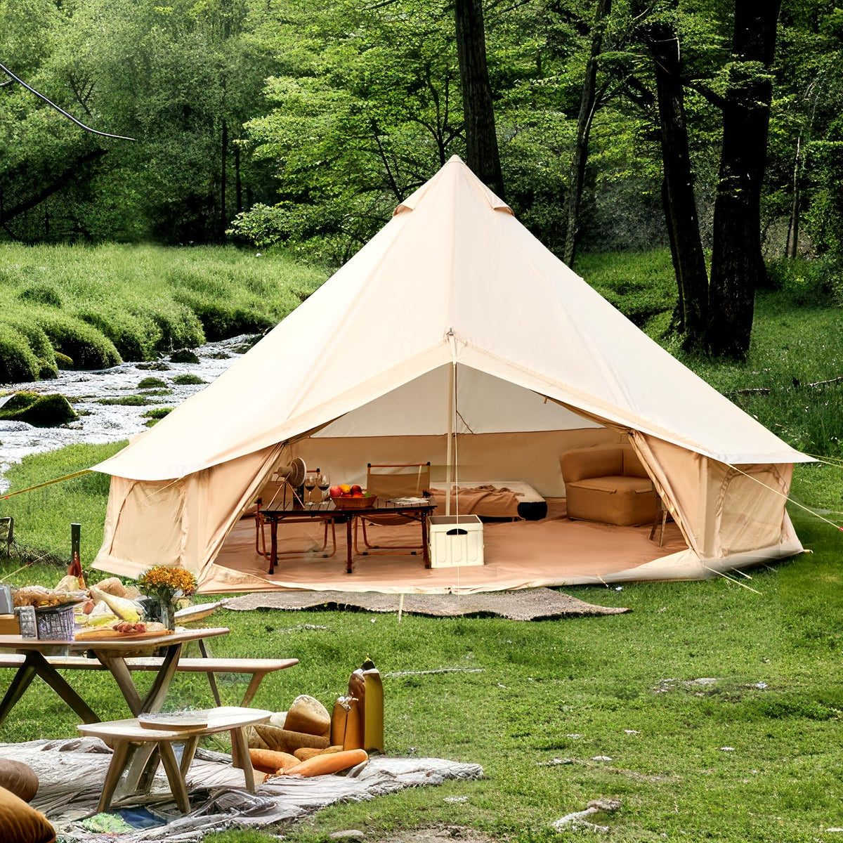 YOLENY 4-Season bell tent exterior with stove jack for outdoor cooking.