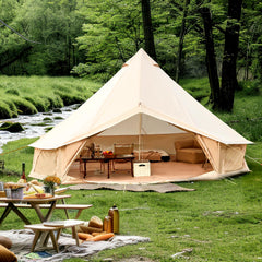 YOLENY 4-Season bell tent exterior with stove jack for outdoor cooking.