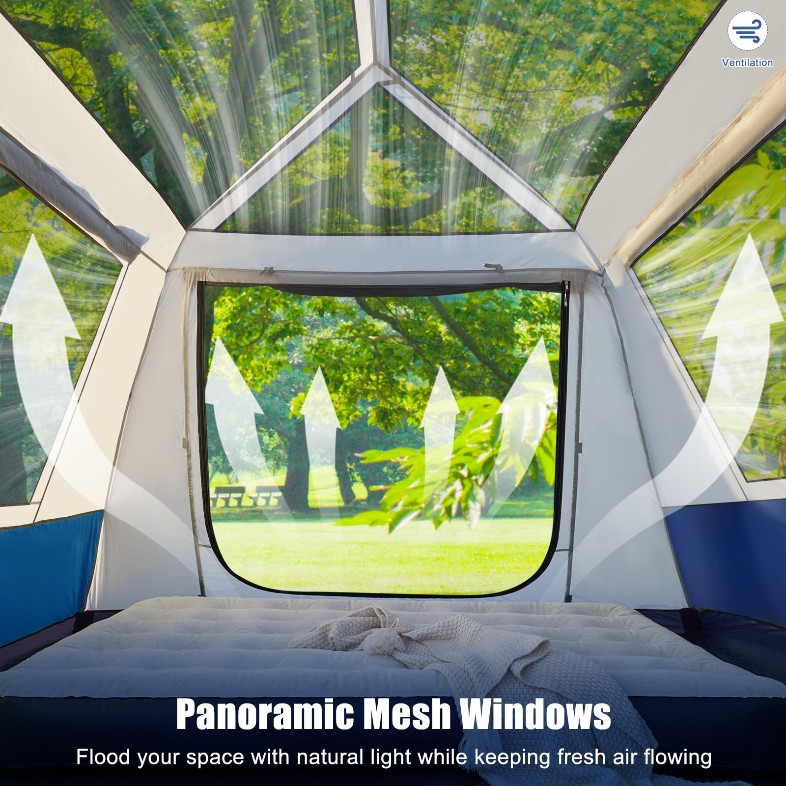 YOLENY tent features 3000mm water resistance for dry camping in rain.