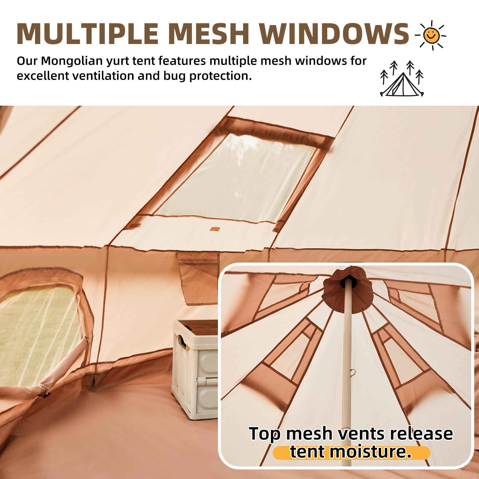 YOLENY ventilation features with mesh skylights and vents for fresh air.