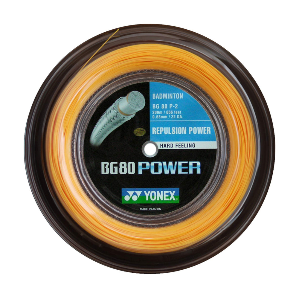 Yonex BG-80 packaging label shows 200 m length and materials.