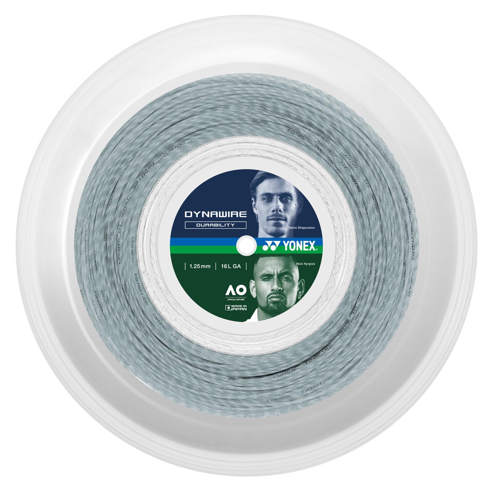 YONEX Dynawire 125 White-Silver spool close-up highlighting durable nylon core for consistent play.