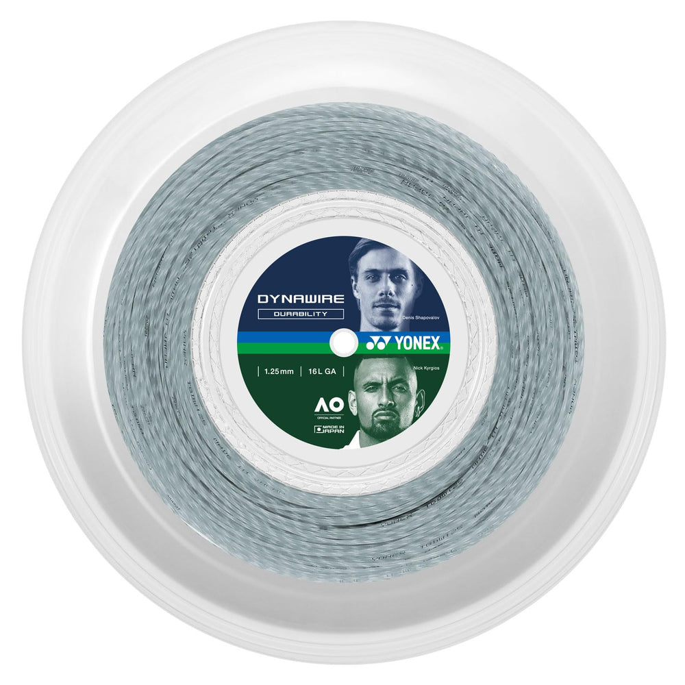 YONEX Dynawire 125 White-Silver spool close-up highlighting durable nylon core for consistent play.