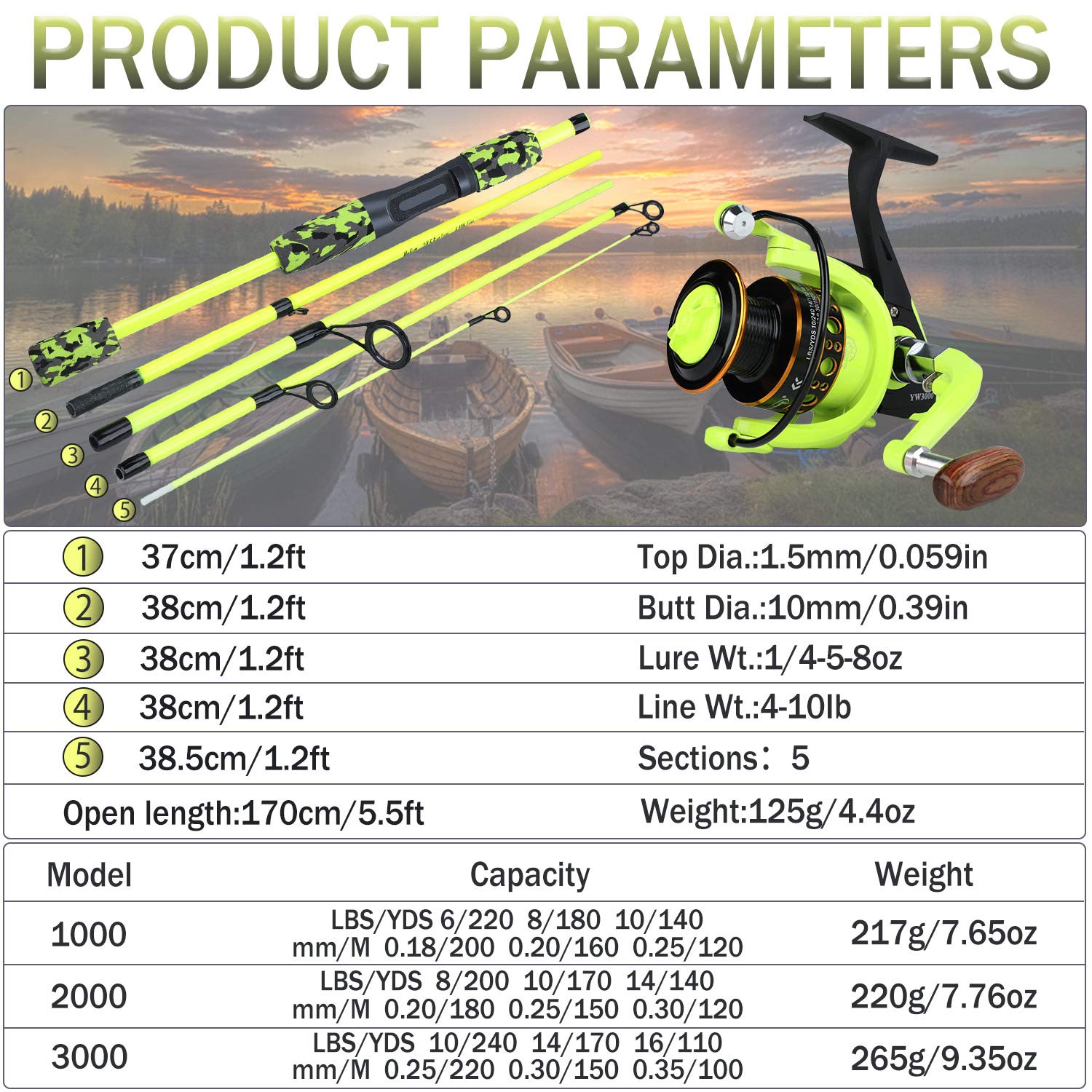 YONGZHI portable 5piece fishing pole ready for car trunk or backpack