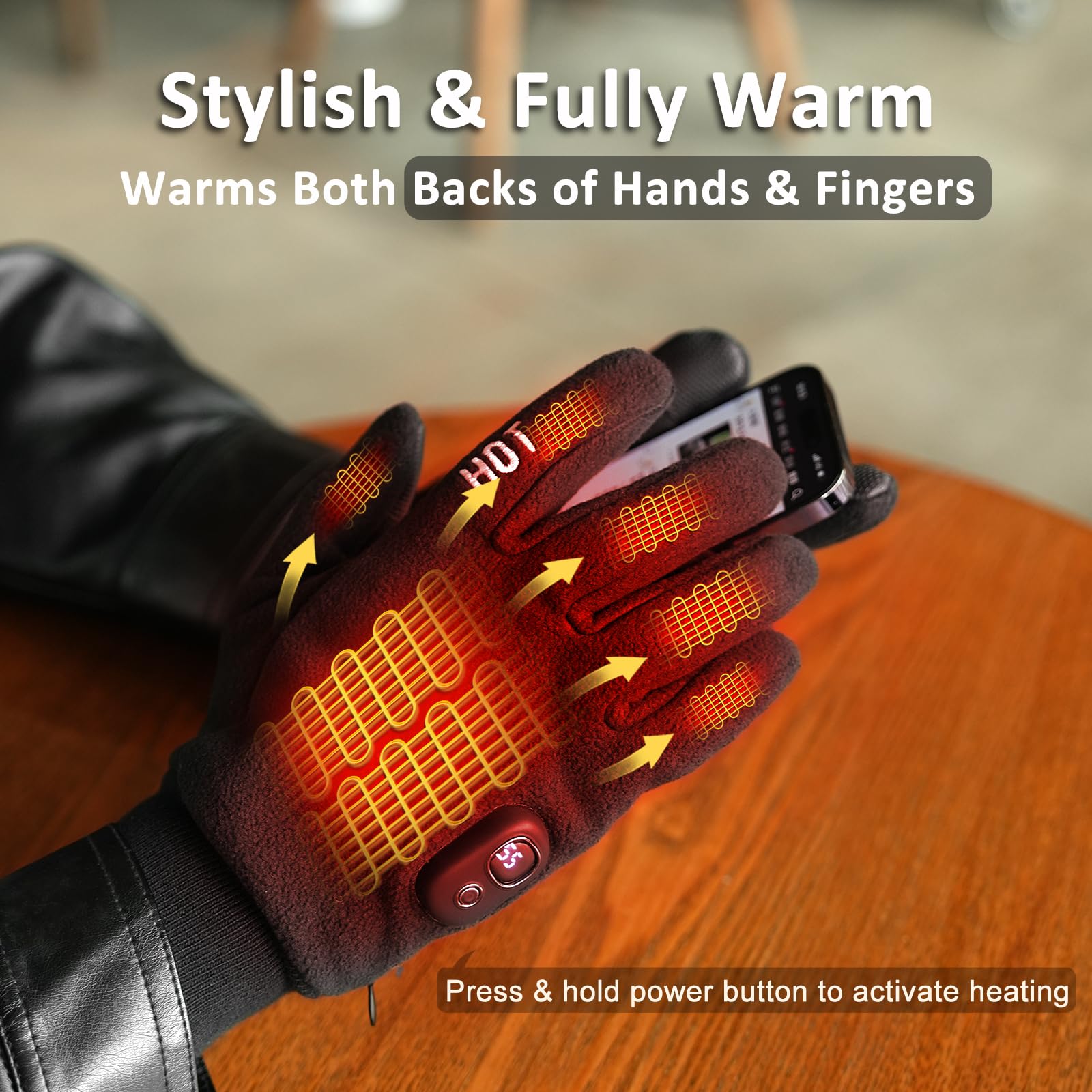 Yoostooper smart display heated gloves show real-time battery and temperature settings.