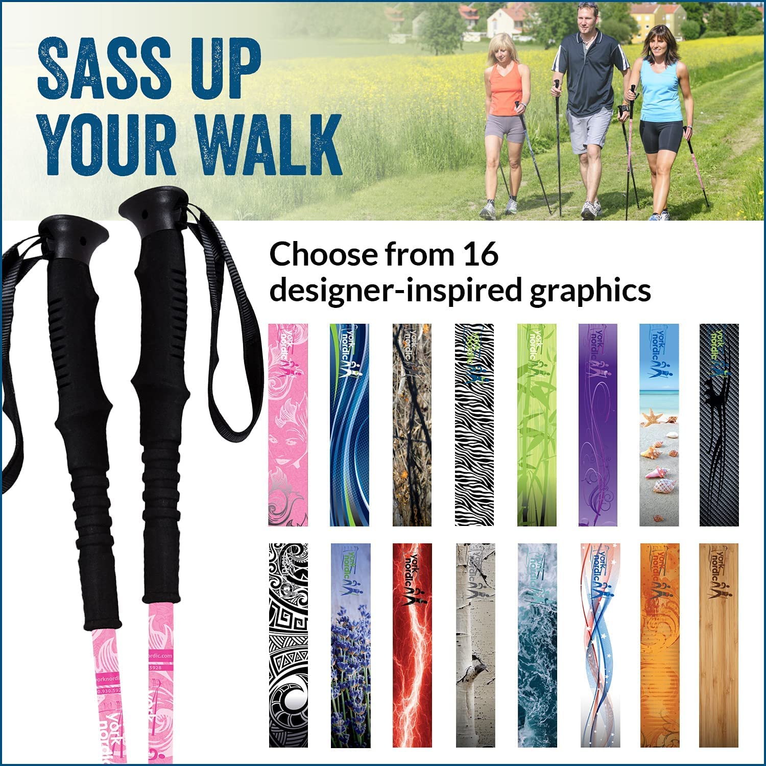 York Nordic hiking poles extended to show adjustable length for versatility.