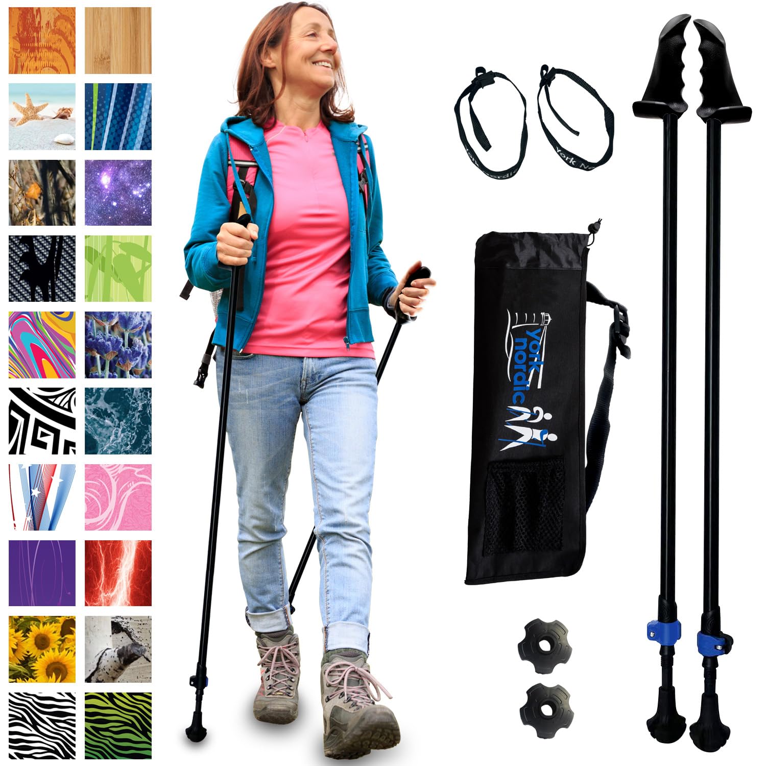 York Nordic Motivator walking poles pair for balance support during rehab-friendly stroll.