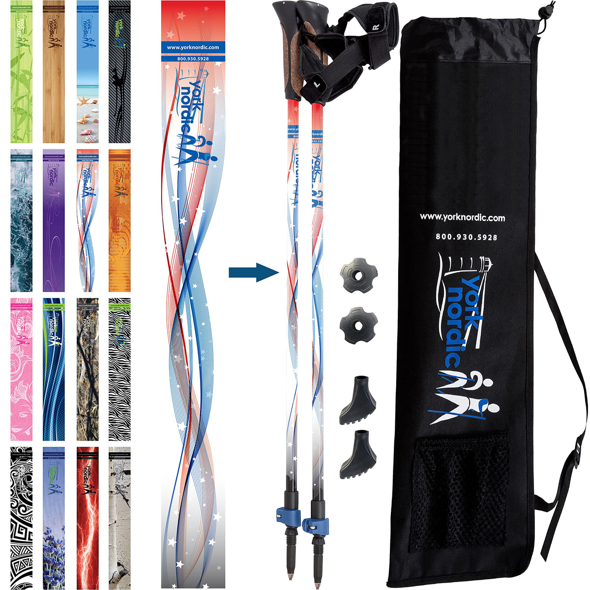 York Nordic walking poles with glove grips for ergonomic comfort on long hikes