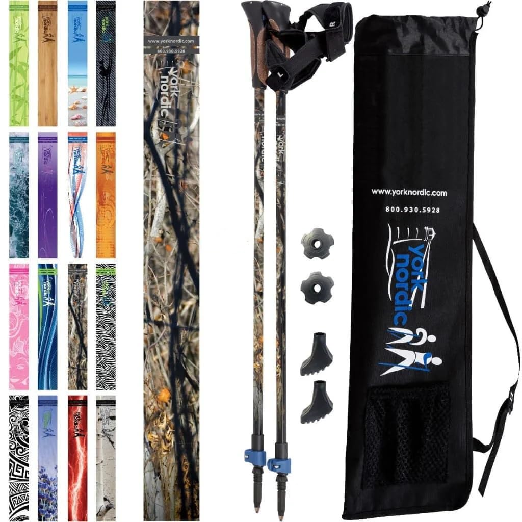 York Nordic official nordic walking poles extended for stable support on uneven terrain