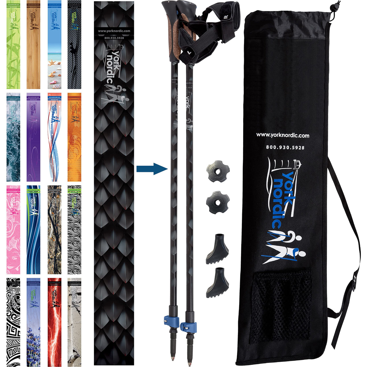 York Nordic official Nordic walking poles folded for travel in a black nylon bag