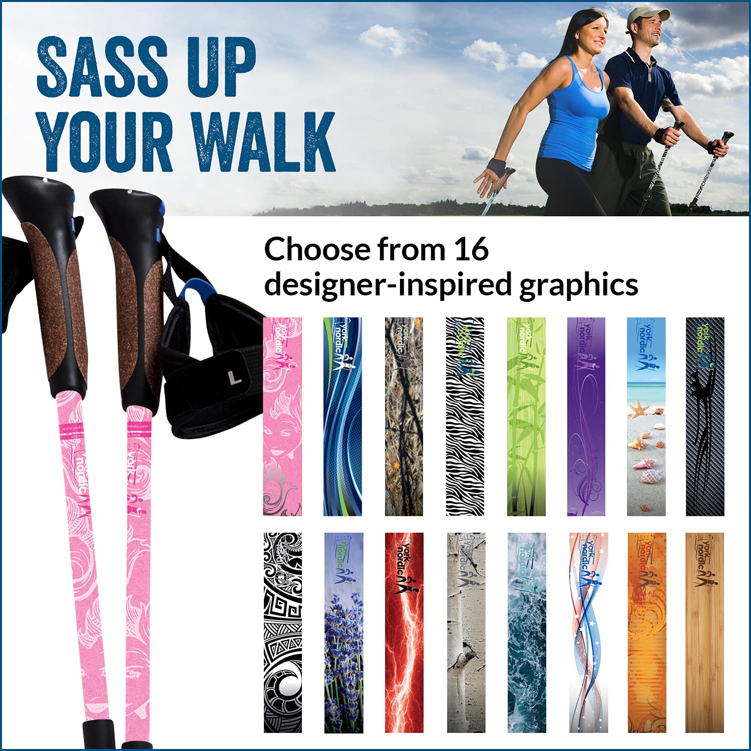 York Nordic cork grip ergonomic strap highlights comfortable hold during extended walks