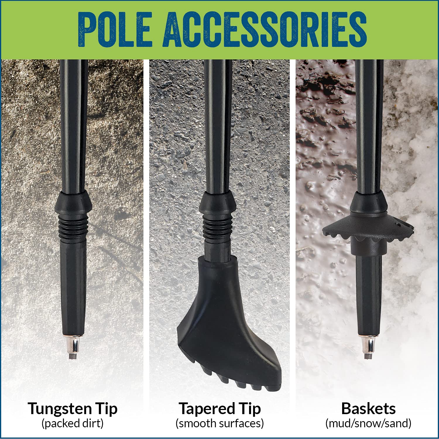 York Nordic Poles detachable feet and snow baskets for versatile terrain.