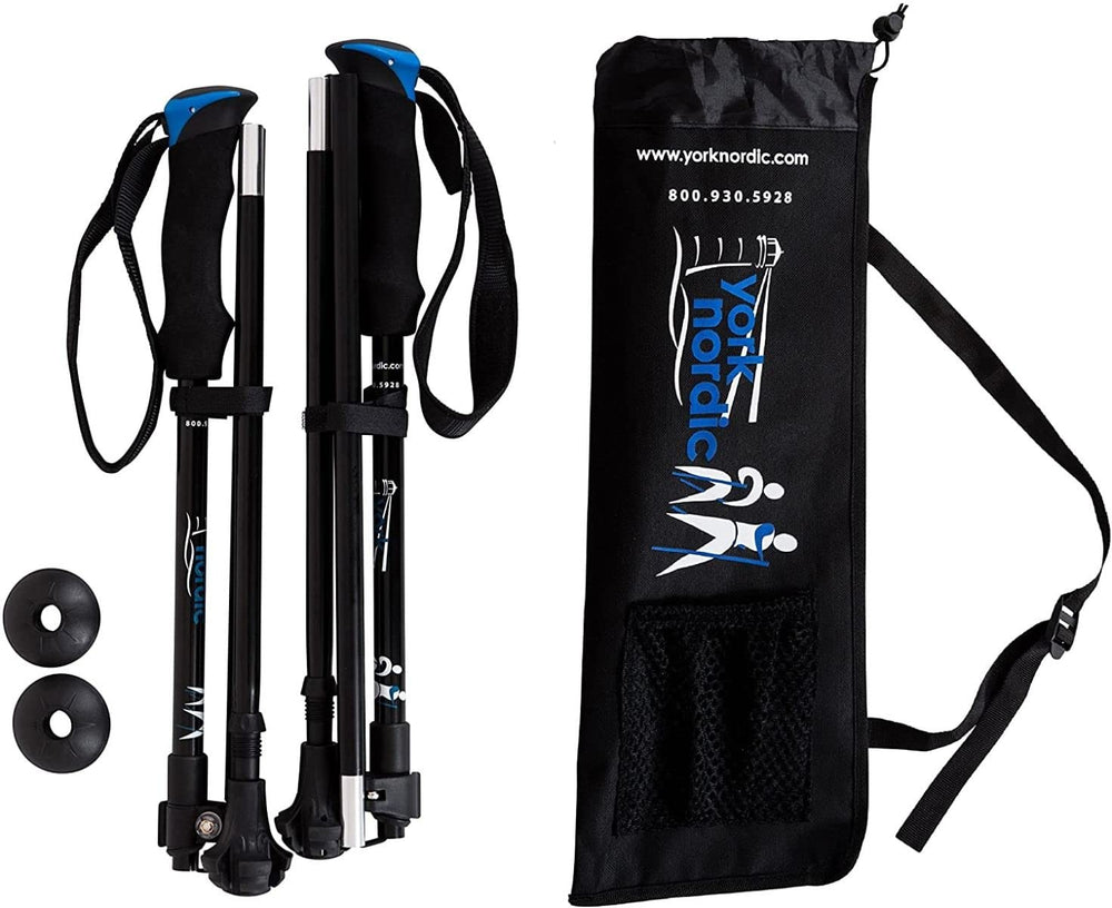 York Nordic ultralight folding poles shown compact for travel.