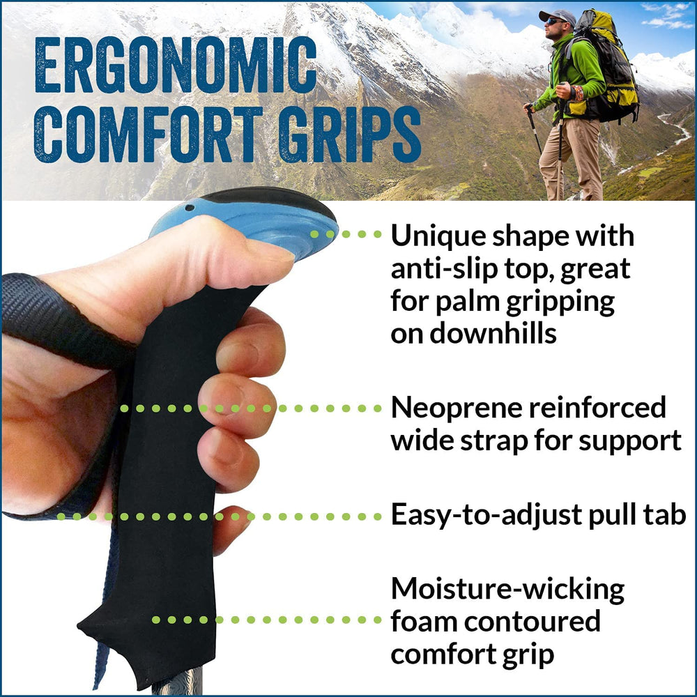 York Nordic Ultralight folding poles extended on a rugged trail for stability.