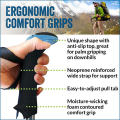 York Nordic Ultralight folding poles extended on a rugged trail for stability.