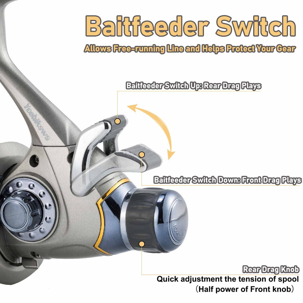 Yoshikawa Baitfeeder reel left-right handle compatibility for versatile setups