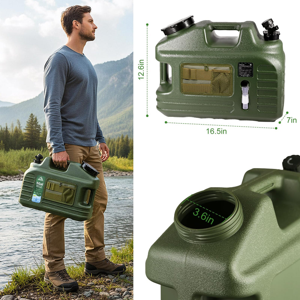 YOSN water jug with leak-proof spigot for clean pouring on rugged trails
