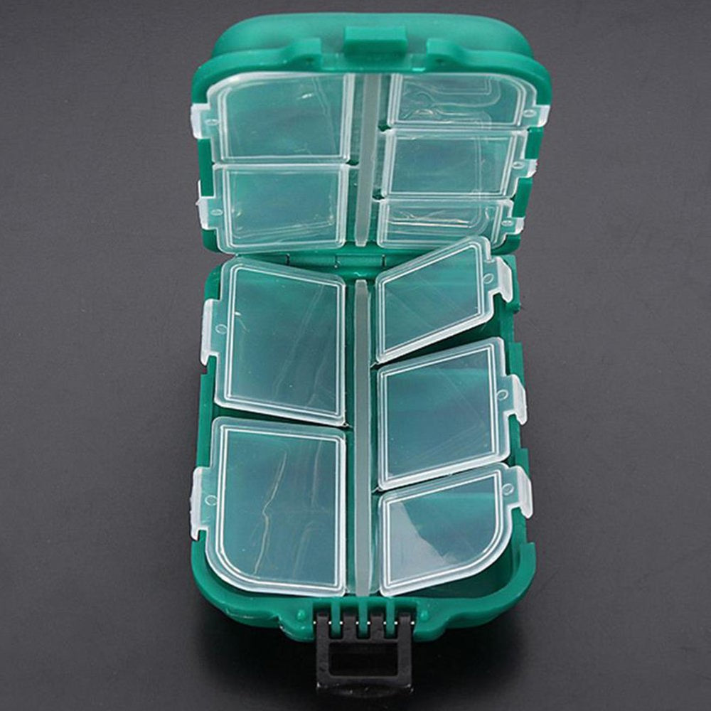 Yosoo small 10-compartments tackle box front view, ideal for quick access to hooks and lures.