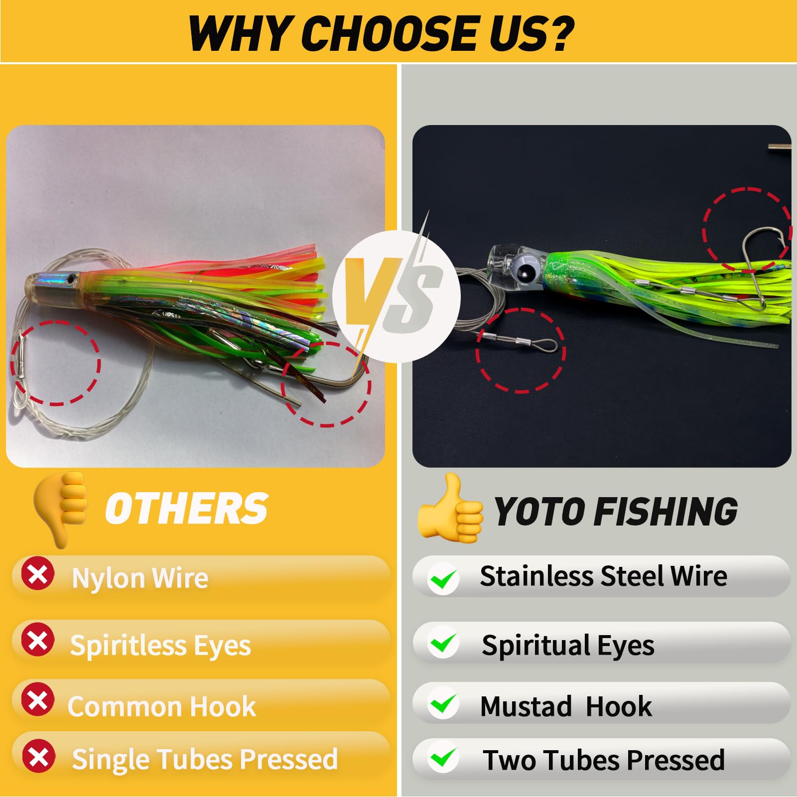 YOTO lure showing internal lead weight for stable tracking.
