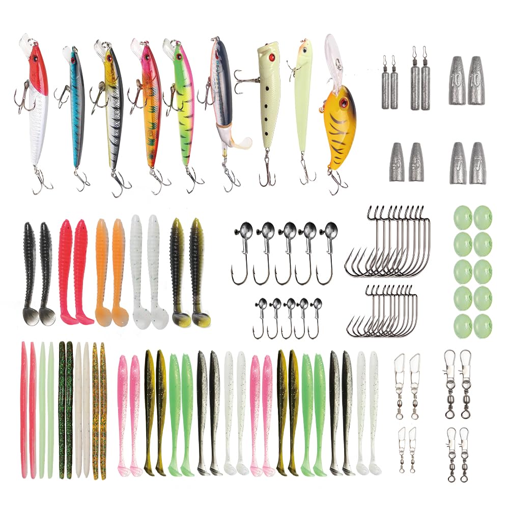 YOUHOT 107-piece fishing lure kit with hard baits and soft plastics