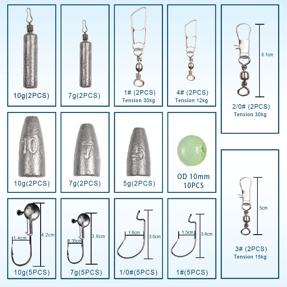 High-carbon steel fishing hooks and lead jigs included
