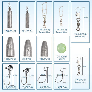 High-carbon steel fishing hooks and lead jigs included