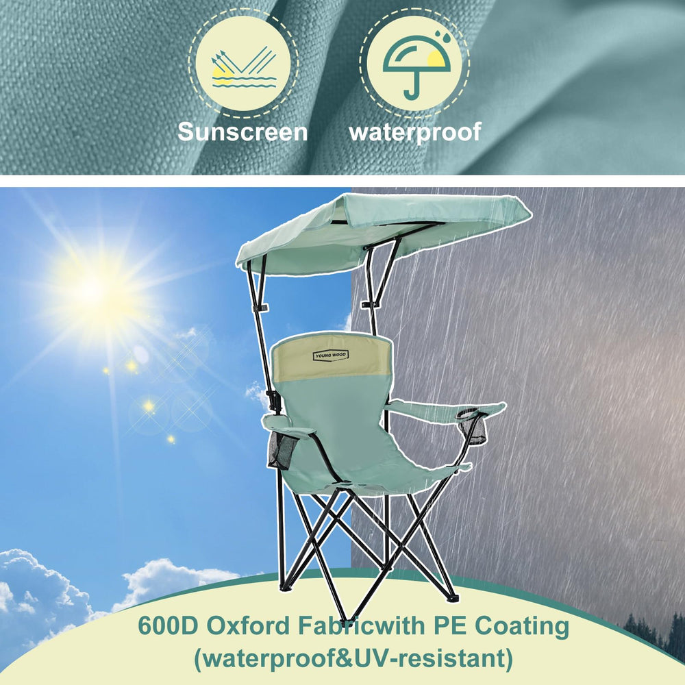 Young Wood camping chair blue back view shows ergonomic support for long sits.