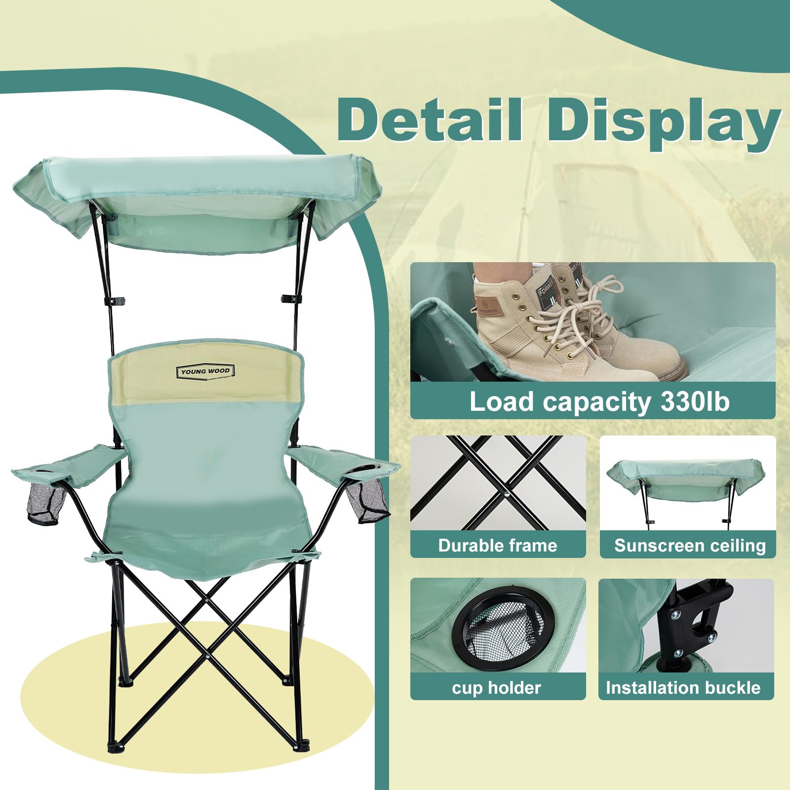 Young Wood camping chair blue side pocket stores essentials during outdoor use.