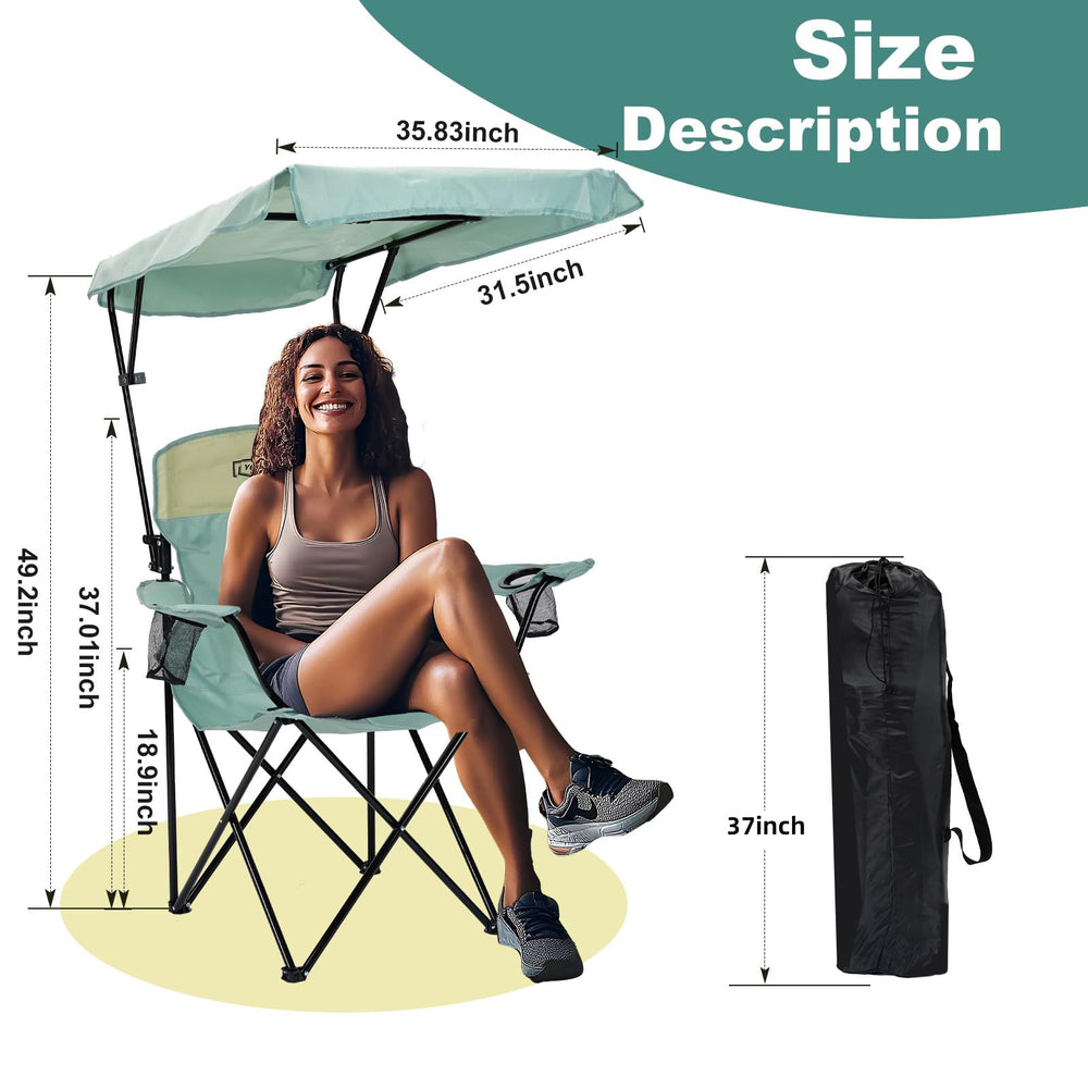 Young Wood camping chair blue sunshade adjustable highlights flexible shade control for changing weather.