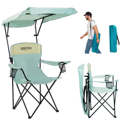 Young Wood camping chair with canopy blue assembled provides sturdy support and shade.