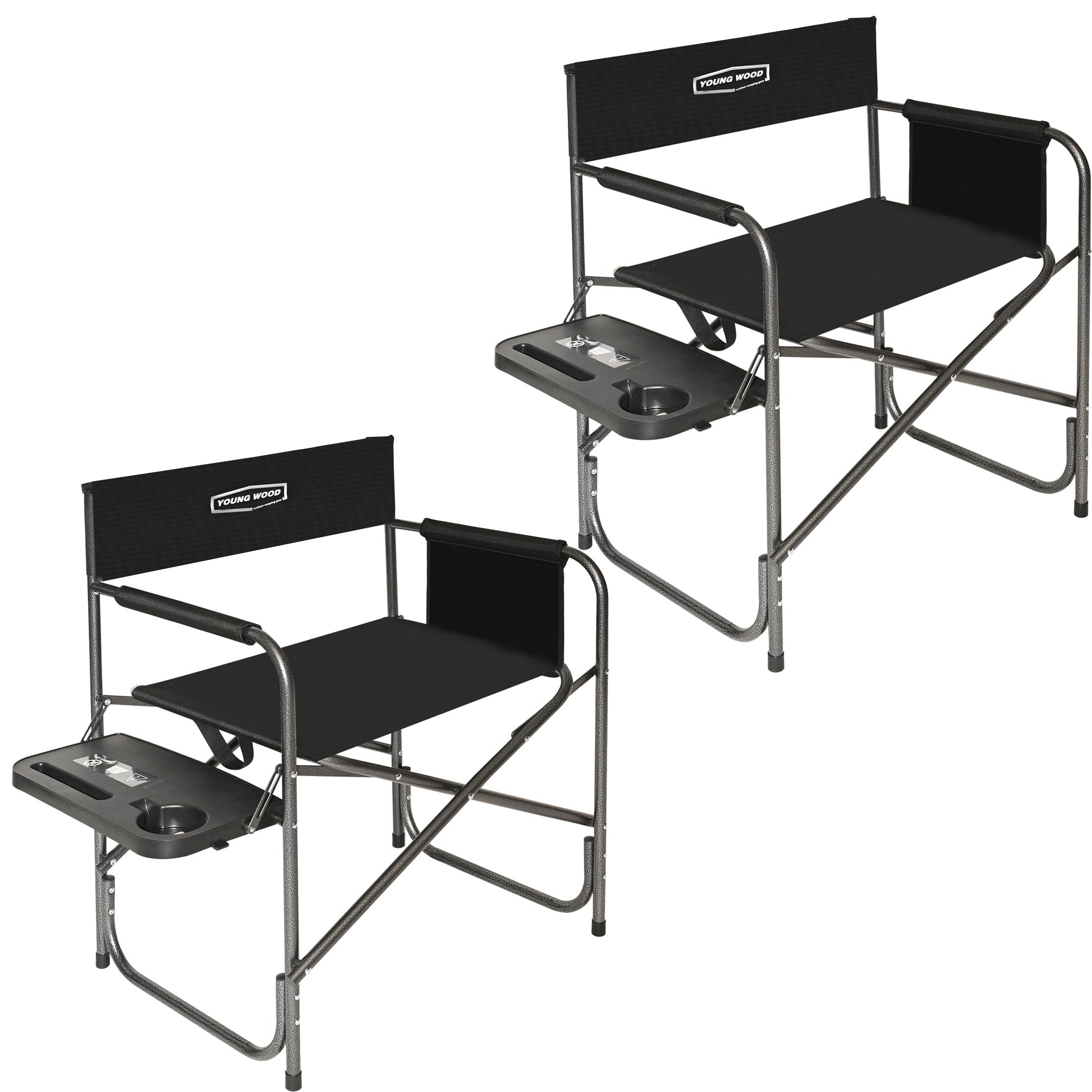 YOUNG WOOD camping directors chair with side table, showing portable setup for outdoor use.