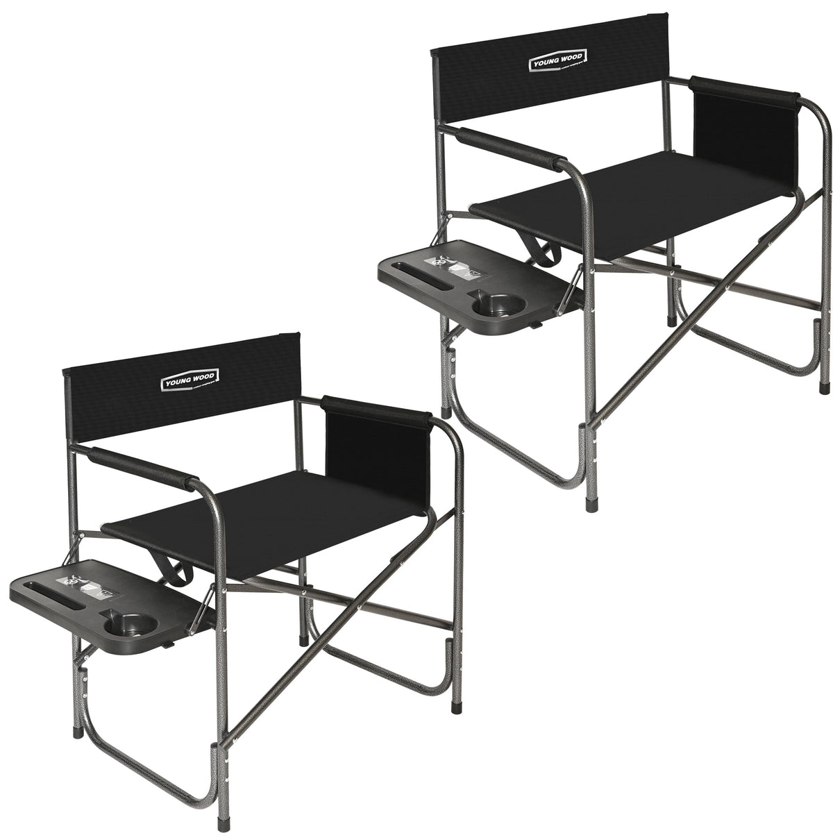 YOUNG WOOD camping directors chair with side table, showing portable setup for outdoor use.
