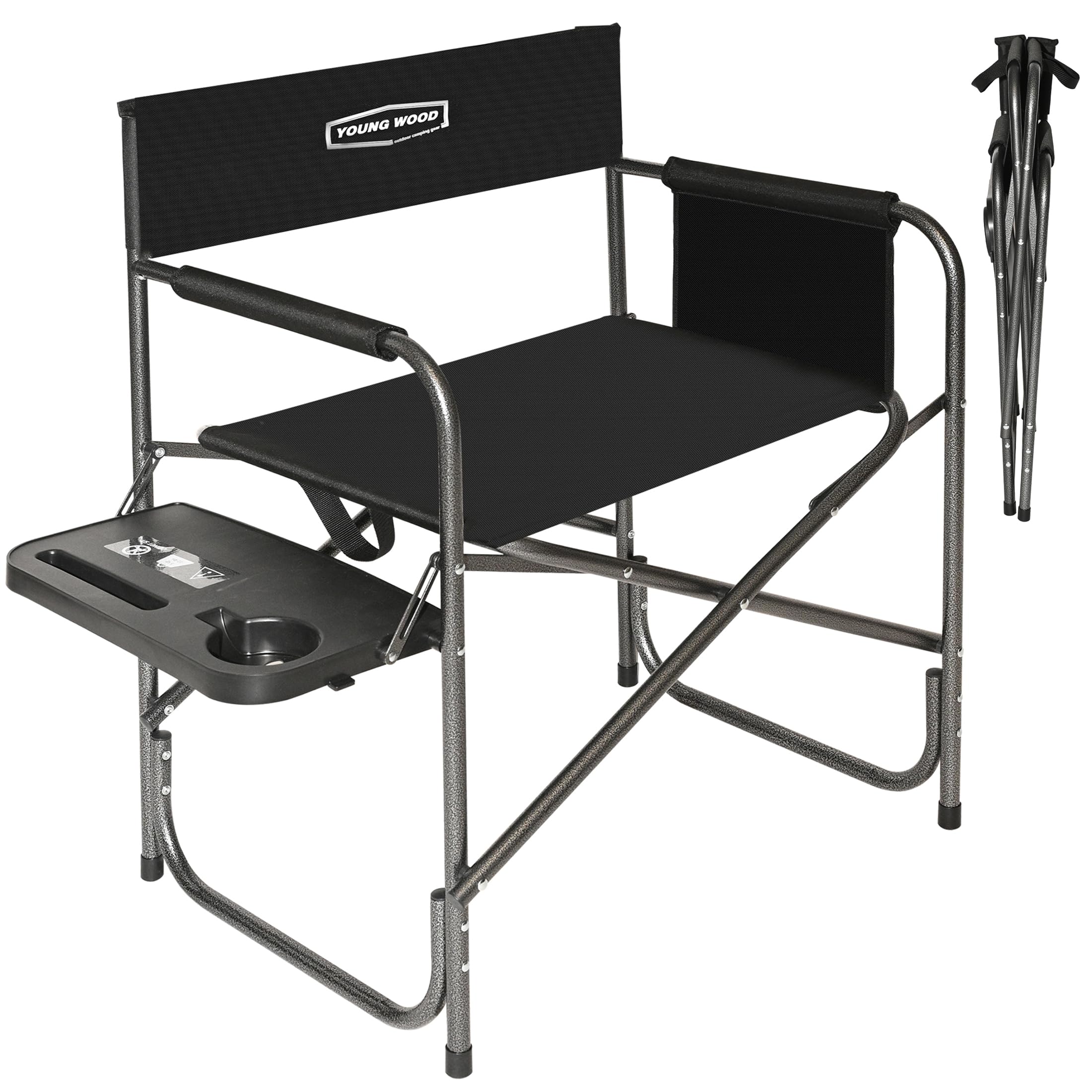 YOUNG WOOD camping directors chair with side table for convenient on-site drinks and gear.