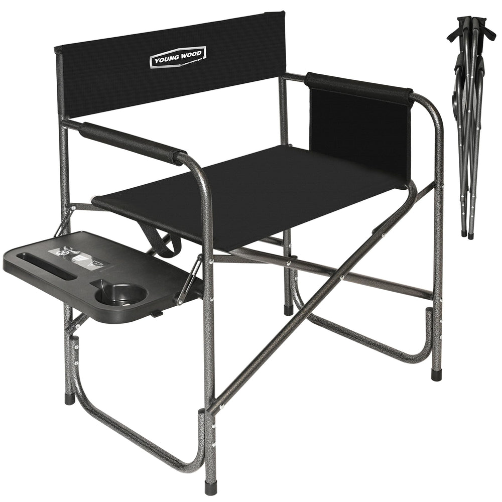 YOUNG WOOD camping directors chair with side table for convenient on-site drinks and gear.
