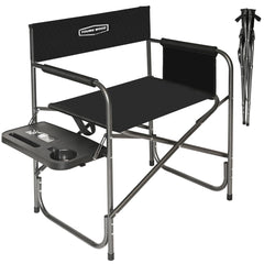 YOUNG WOOD camping directors chair with side table for convenient on-site drinks and gear.